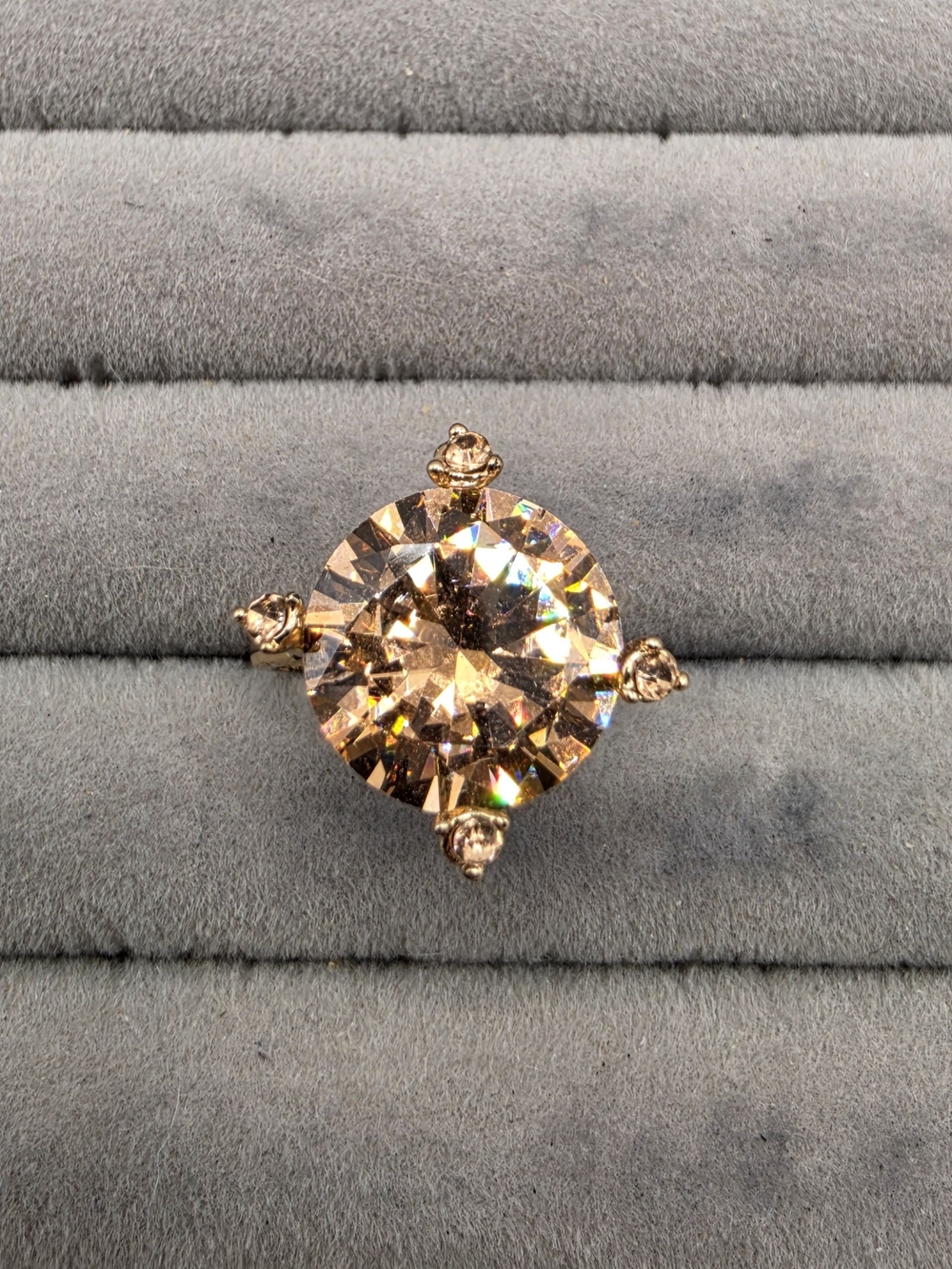 Gold-Tone Round Crystal Cocktail Ring Size 9 in Champagne